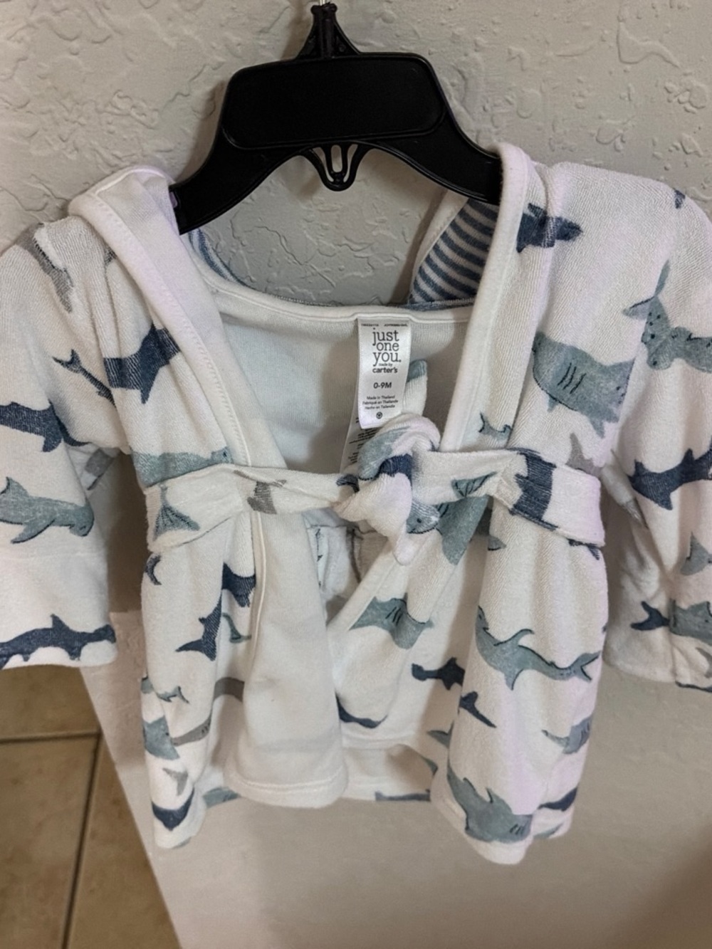 Carter's White Hooded Baby Robe with Blue Shark Print